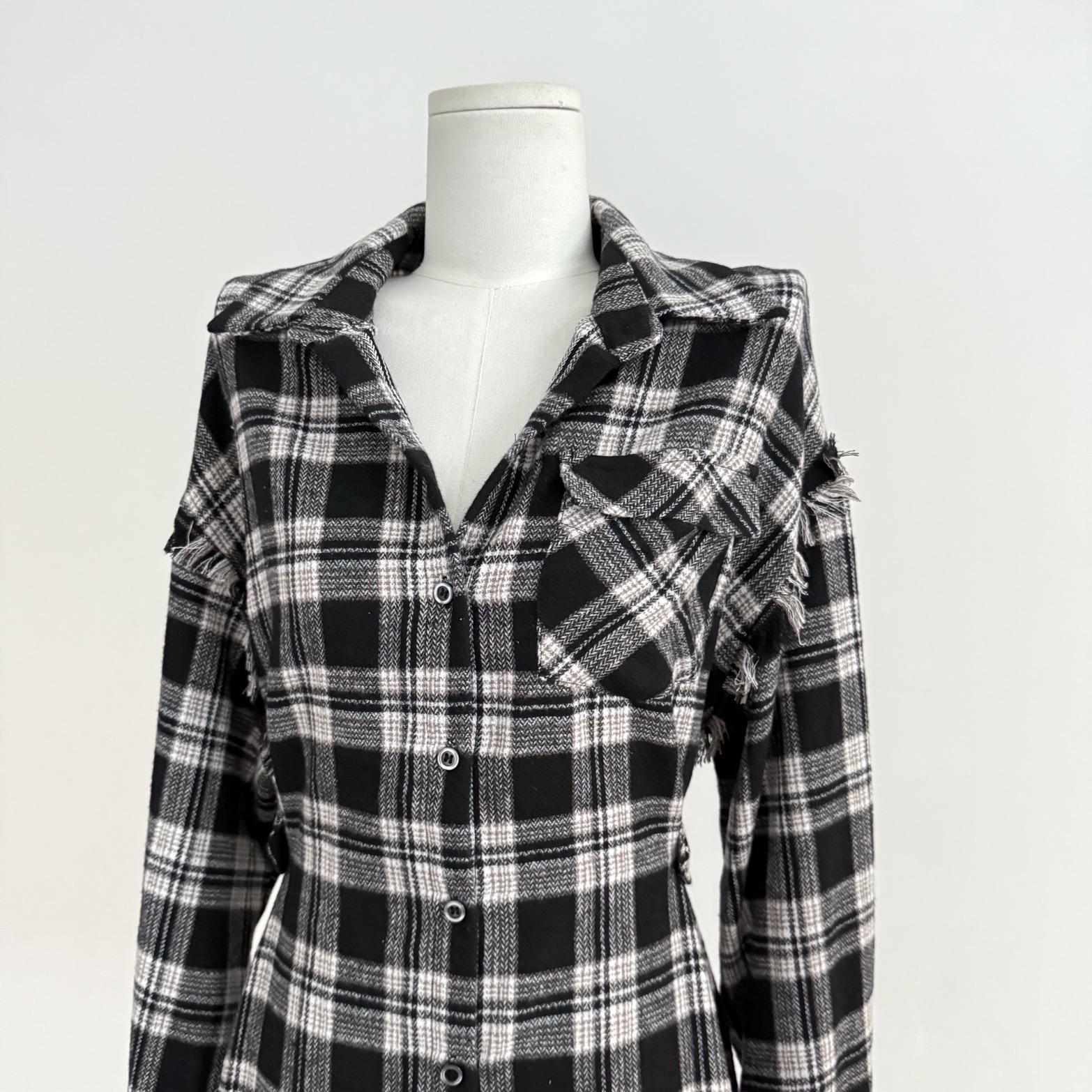Women's Plaid Shirt Dress Long Sleeve Loose Frayed Hem Retro Casual Fall - Image 3