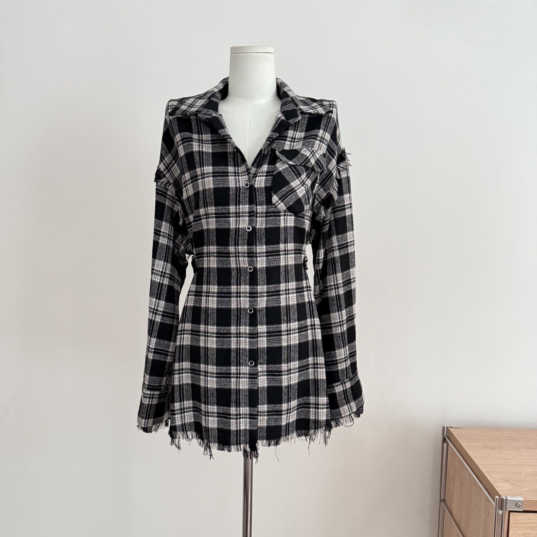 Women's Plaid Shirt Dress Long Sleeve Loose Frayed Hem Retro Casual Fall