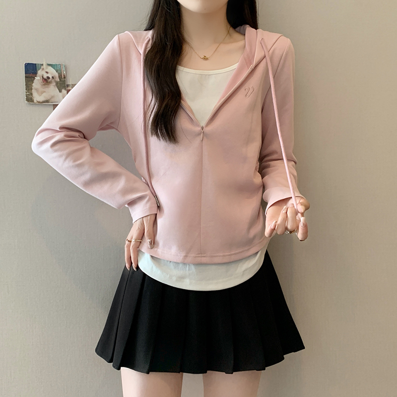 2026 Autumn Plus Size Women's Faux Two-Piece Drawstring Hooded Long Sleeve Top - Image 2