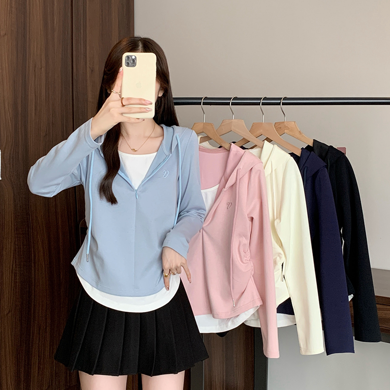 2026 Autumn Plus Size Women's Faux Two-Piece Drawstring Hooded Long Sleeve Top