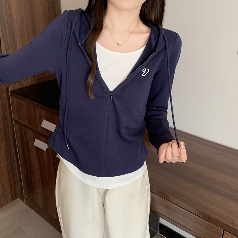 2026 Autumn Plus Size Women's Faux Two-Piece Drawstring Hooded Long Sleeve Top - Image 5