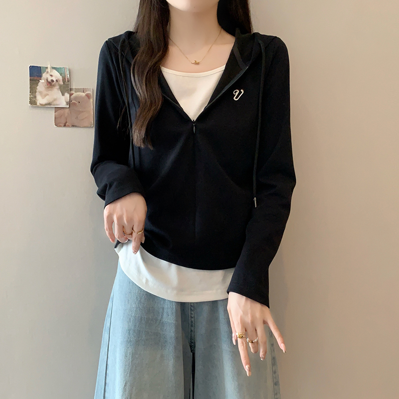 2026 Autumn Plus Size Women's Faux Two-Piece Drawstring Hooded Long Sleeve Top - Image 3