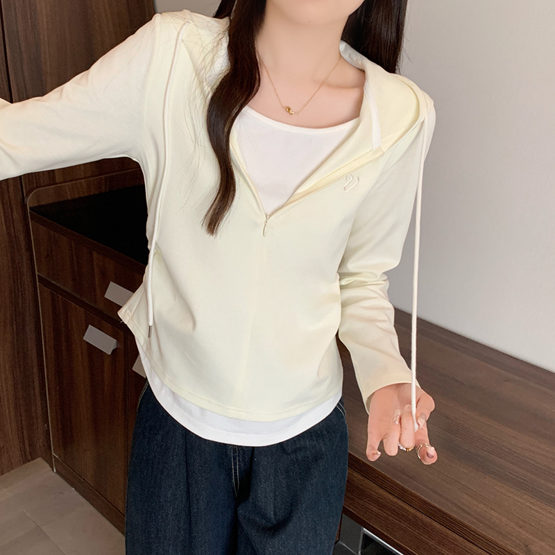 2026 Autumn Plus Size Women's Faux Two-Piece Drawstring Hooded Long Sleeve Top - Image 4