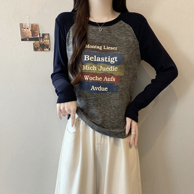 Plus Size Color Block Letter Print Waist Cinched Long Sleeve Raglan T-Shirt 2026 Fall New - Image 2