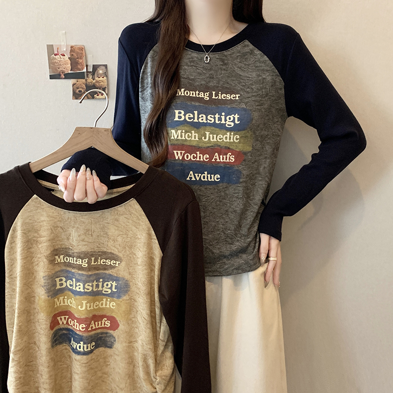 Plus Size Color Block Letter Print Waist Cinched Long Sleeve Raglan T-Shirt 2026 Fall New