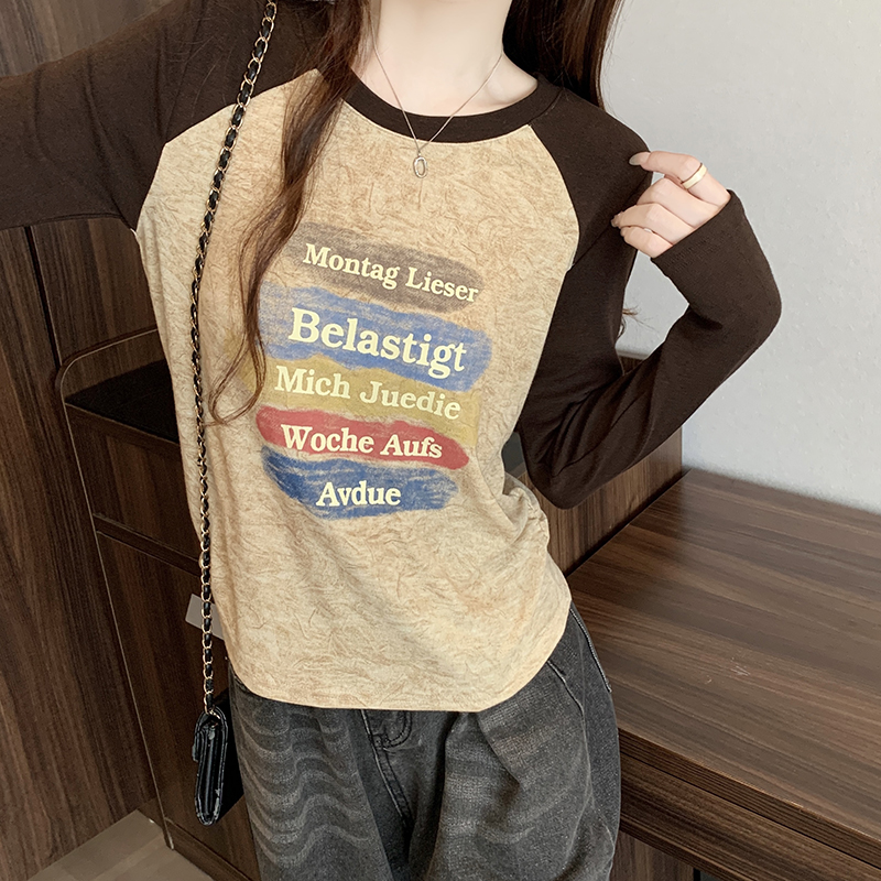 Plus Size Color Block Letter Print Waist Cinched Long Sleeve Raglan T-Shirt 2026 Fall New - Image 5