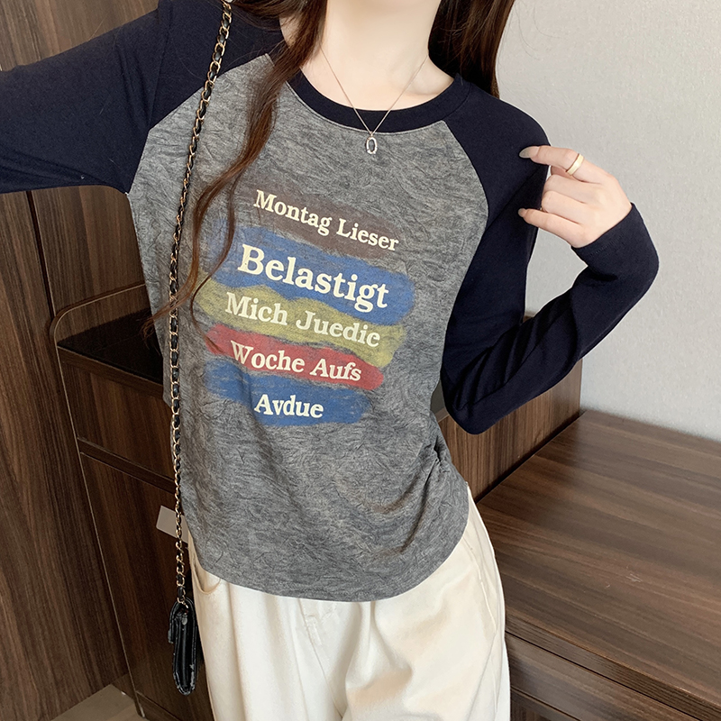 Plus Size Color Block Letter Print Waist Cinched Long Sleeve Raglan T-Shirt 2026 Fall New - Image 4