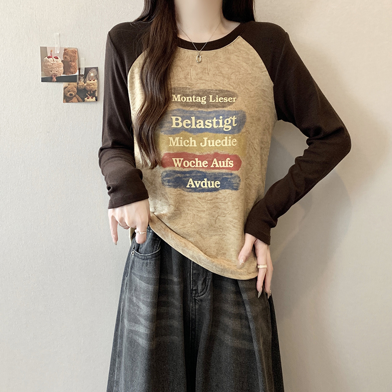 Plus Size Color Block Letter Print Waist Cinched Long Sleeve Raglan T-Shirt 2026 Fall New - Image 3