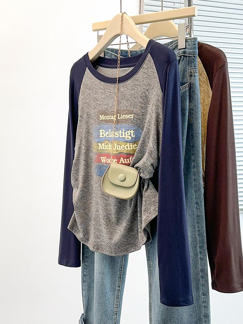 Plus Size Color Block Letter Print Waist Cinched Long Sleeve Raglan T-Shirt 2026 Fall - Image 2