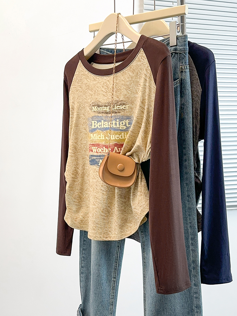 Plus Size Color Block Letter Print Waist Cinched Long Sleeve Raglan T-Shirt 2026 Fall