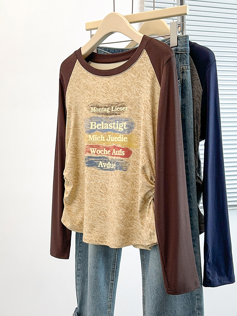 Plus Size Color Block Letter Print Waist Cinched Long Sleeve Raglan T-Shirt 2026 Fall - Image 3
