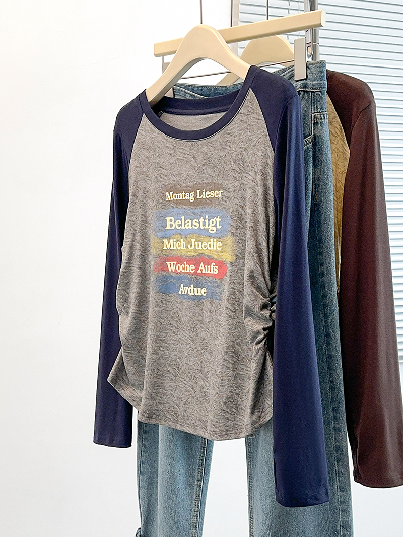 Plus Size Color Block Letter Print Waist Cinched Long Sleeve Raglan T-Shirt 2026 Fall - Image 4