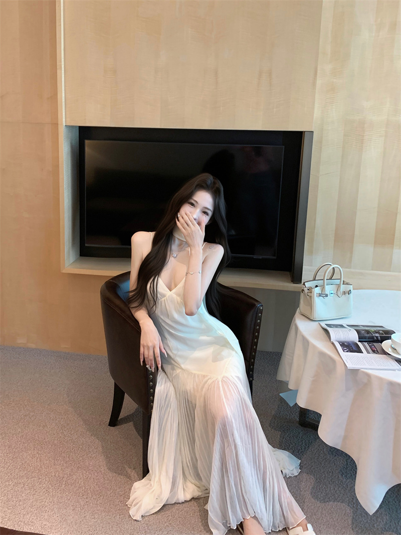 White Pleated Chiffon Sleeveless Maxi Dress with Cinched Waist and Full Skirt - Image 4