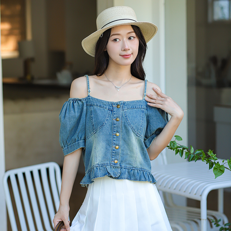 Women's Summer Denim Short Jacket with Cold Shoulder Sleeves