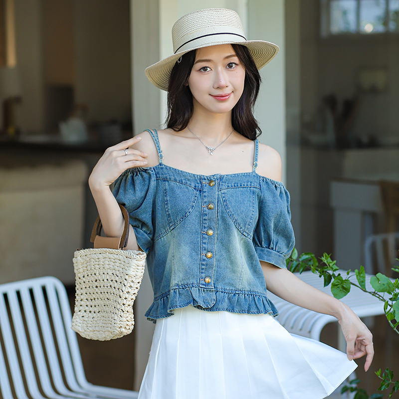 Women's Summer Denim Short Jacket with Cold Shoulder Sleeves - Image 2