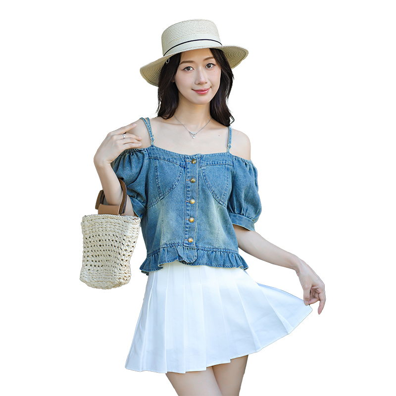 Women's Summer Denim Short Jacket with Cold Shoulder Sleeves - Image 5