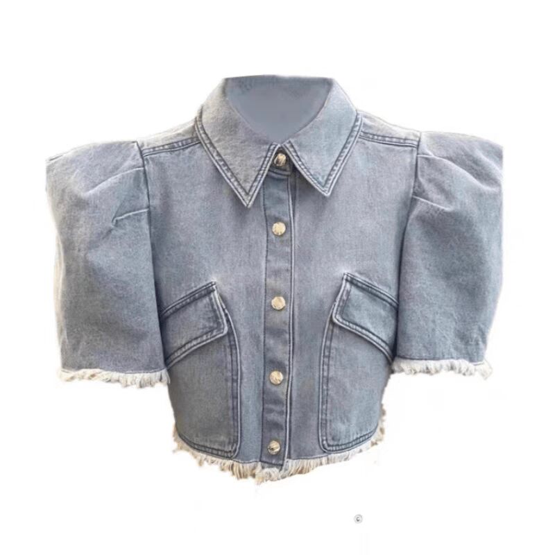 French Puff Sleeve Light Blue Cropped Denim Jacket for Women - Image 5