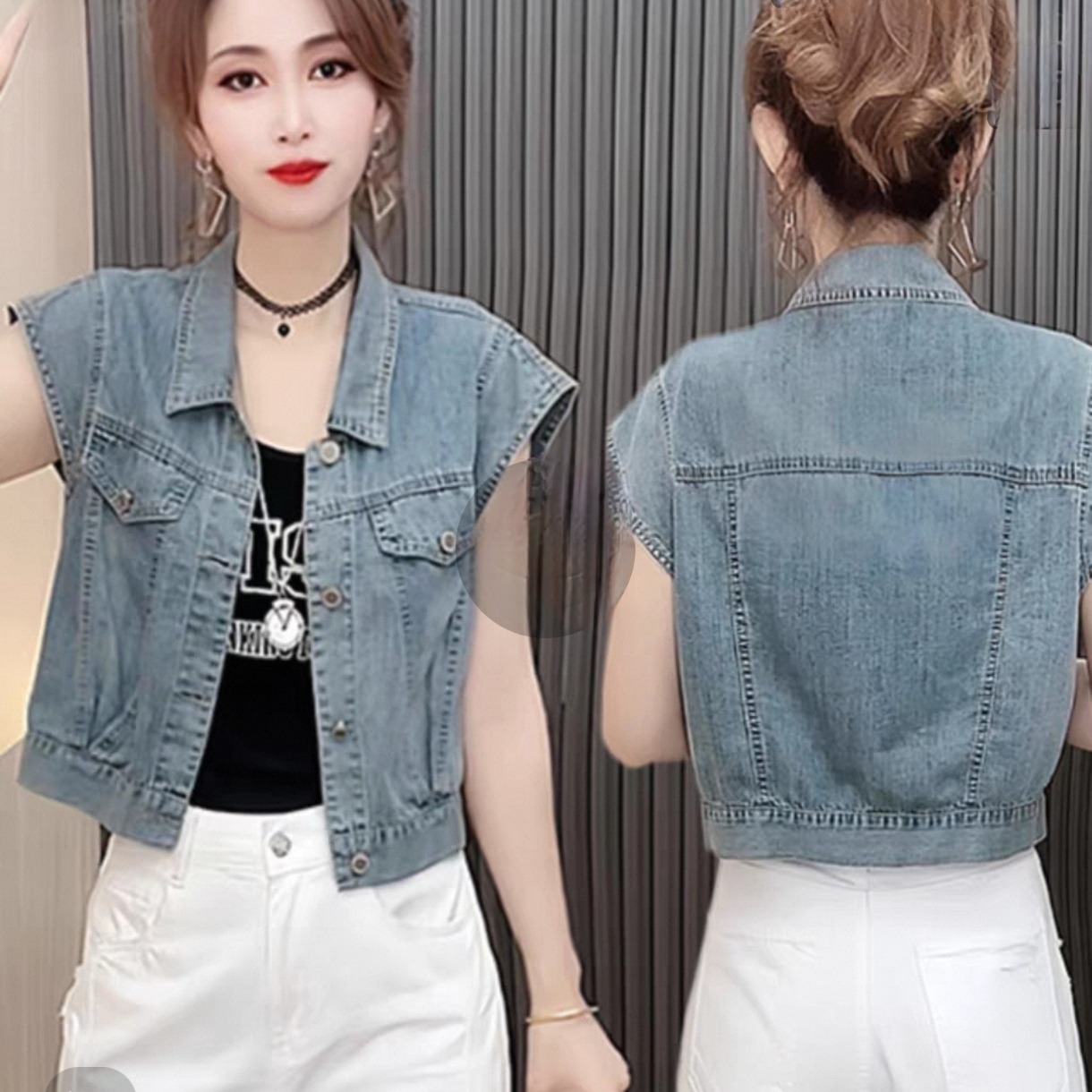 Women's Fly Sleeve Denim Top Vintage Button Down Soft Cotton Blend - Image 2
