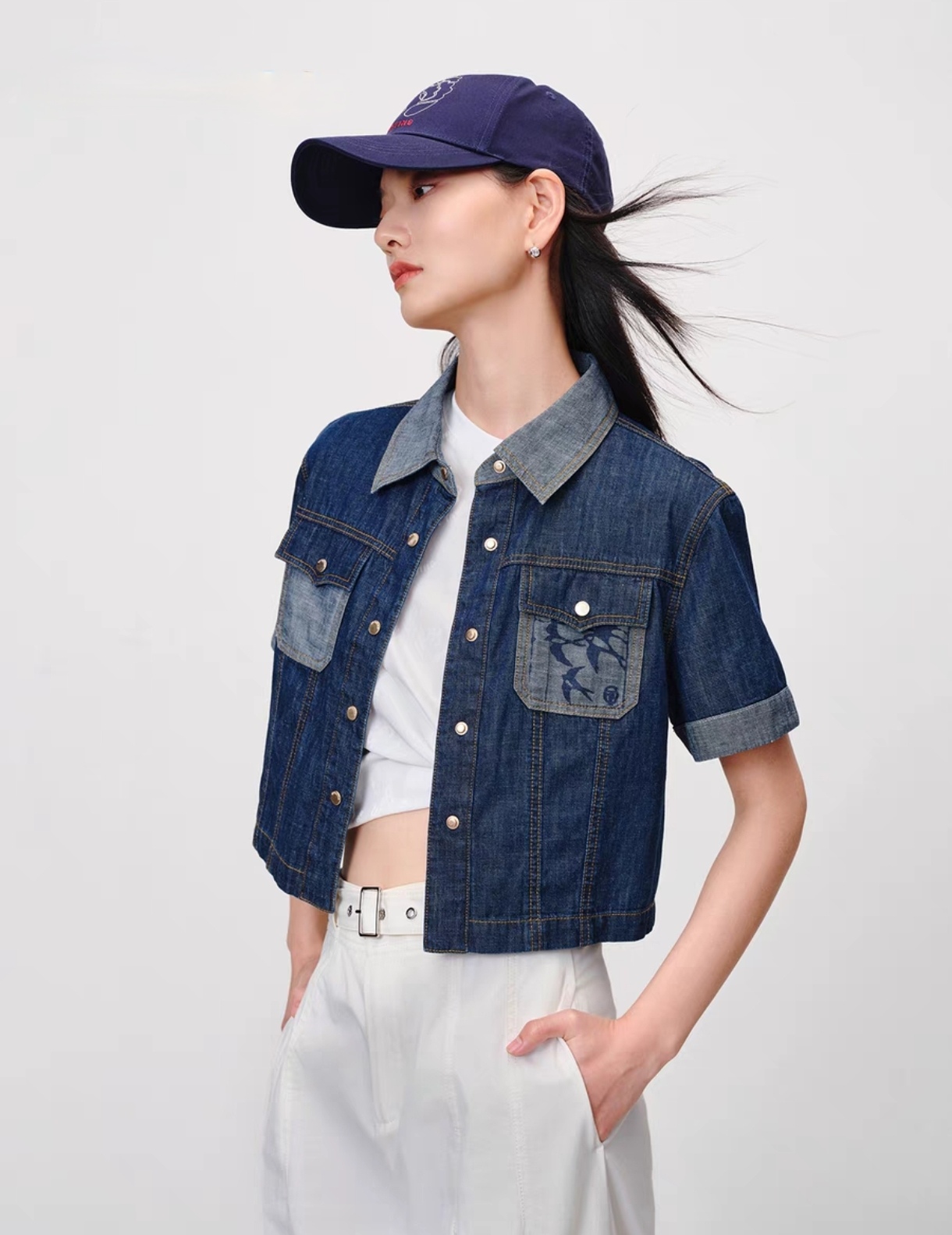 Women's Dark Blue Denim Short Sleeve Top with Jacquard Detail