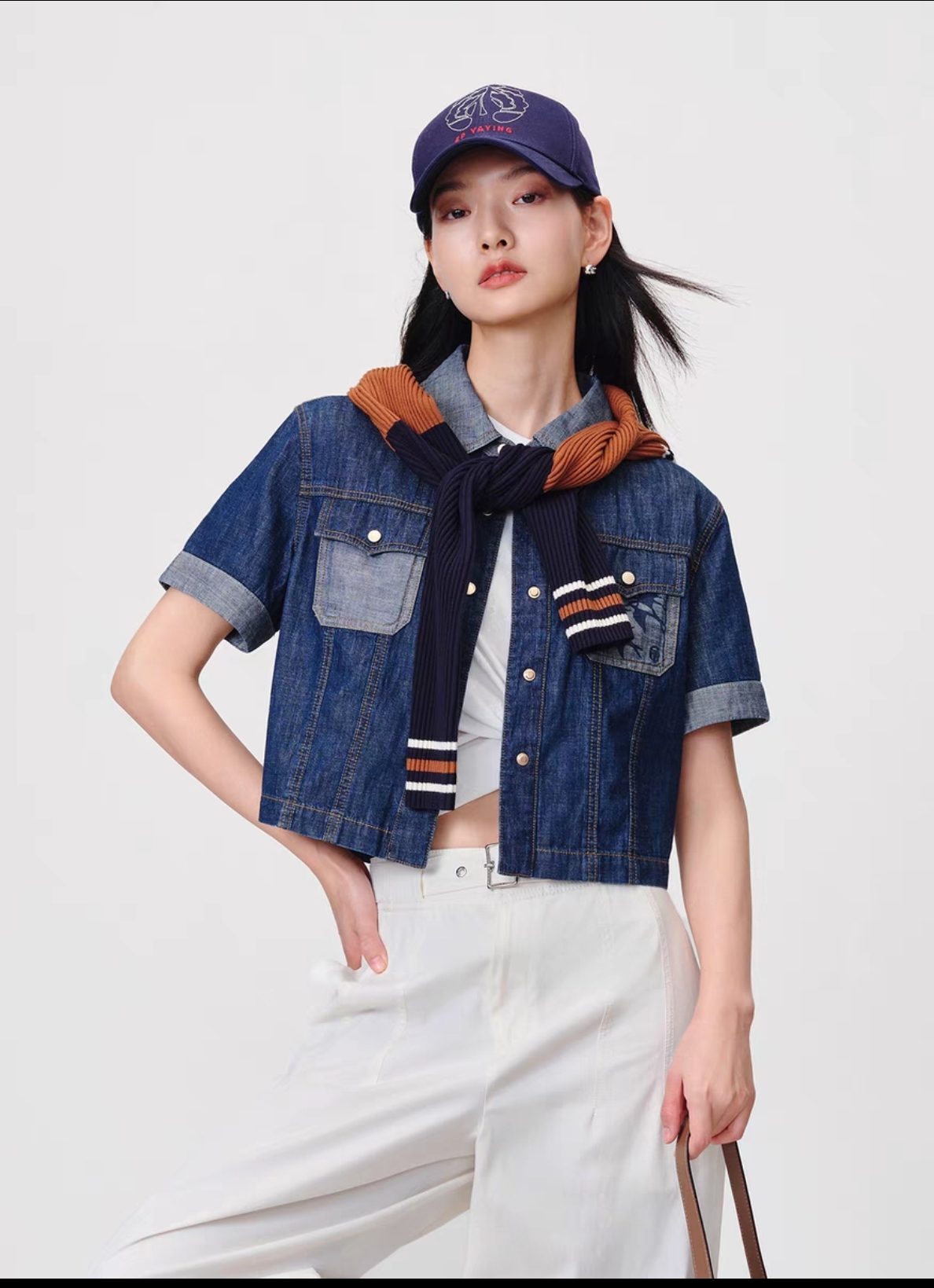 Women's Dark Blue Denim Short Sleeve Top with Jacquard Detail - Image 2