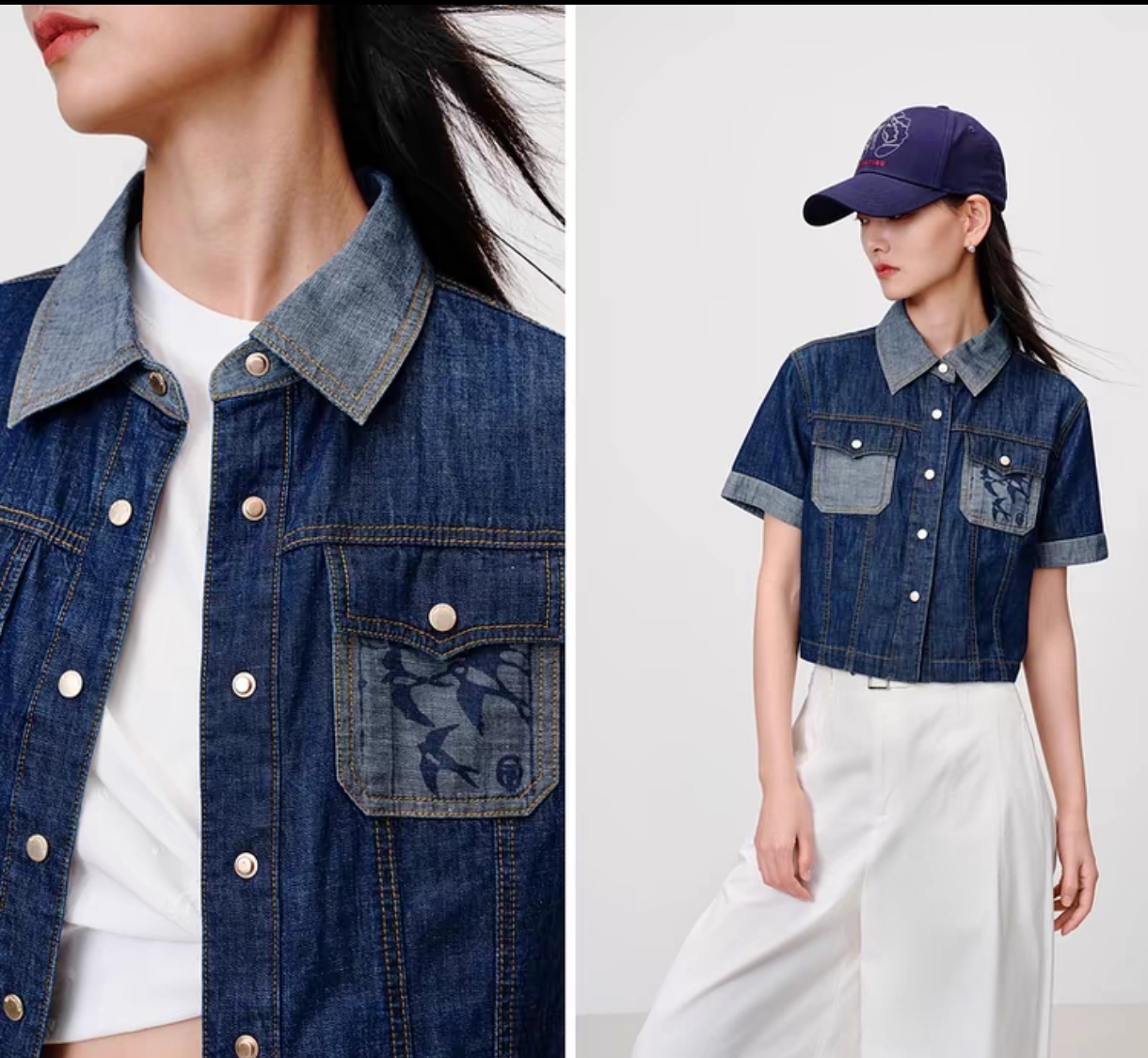 Women's Dark Blue Denim Short Sleeve Top with Jacquard Detail - Image 4