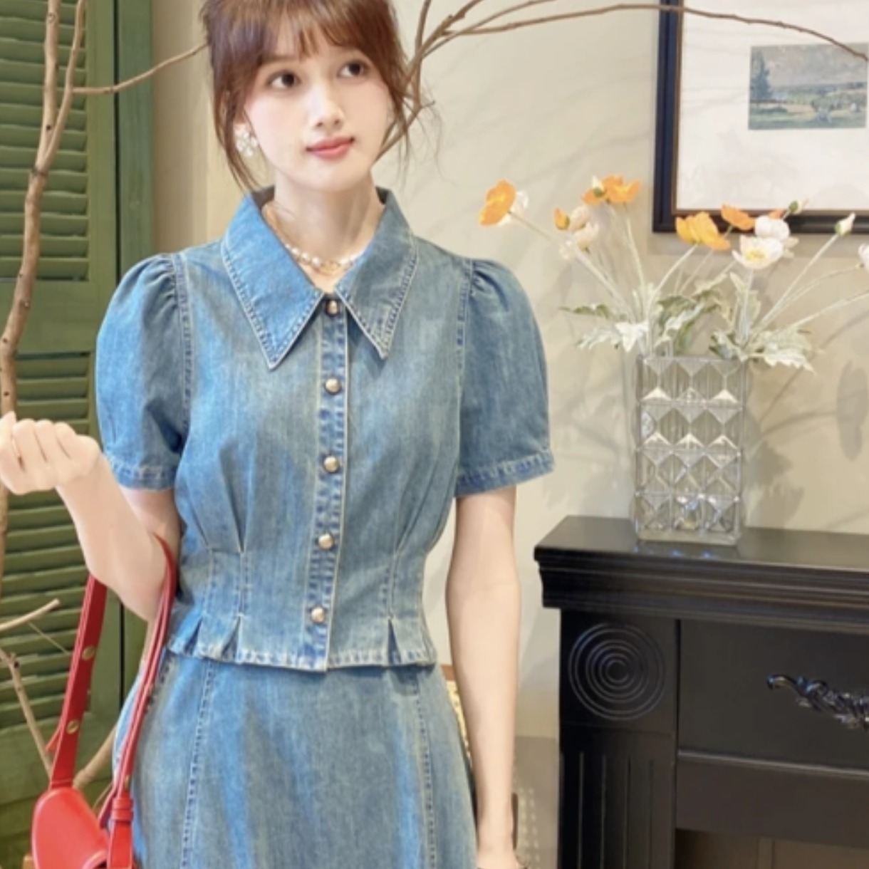 New Elegant Slimming Vintage Denim Short Sleeve Top