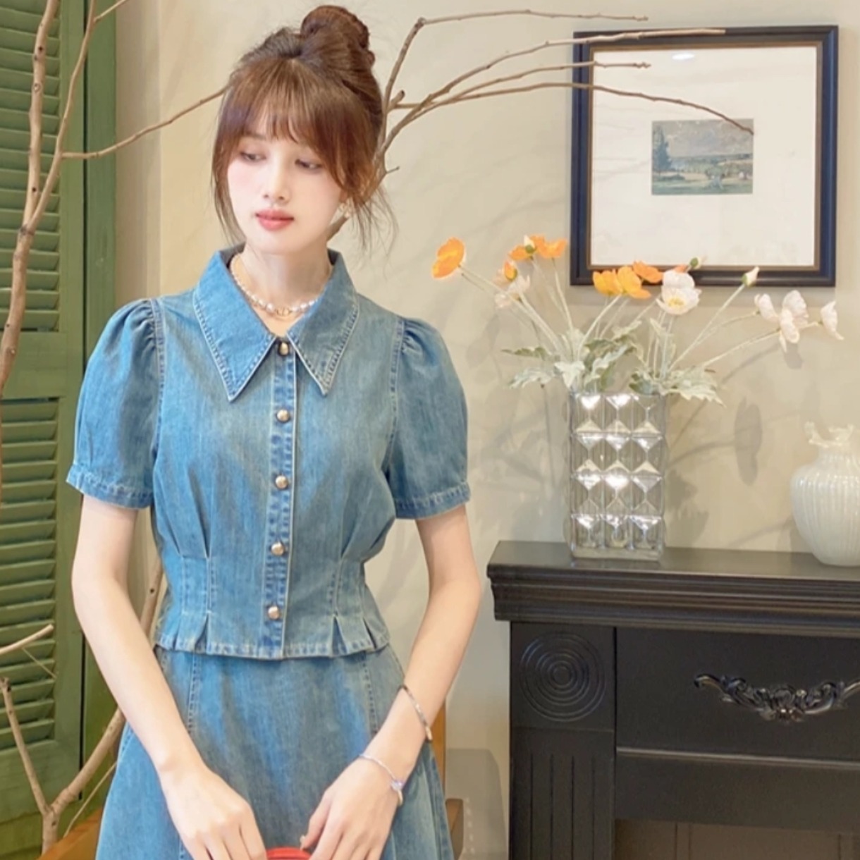 New Elegant Slimming Vintage Denim Short Sleeve Top - Image 2