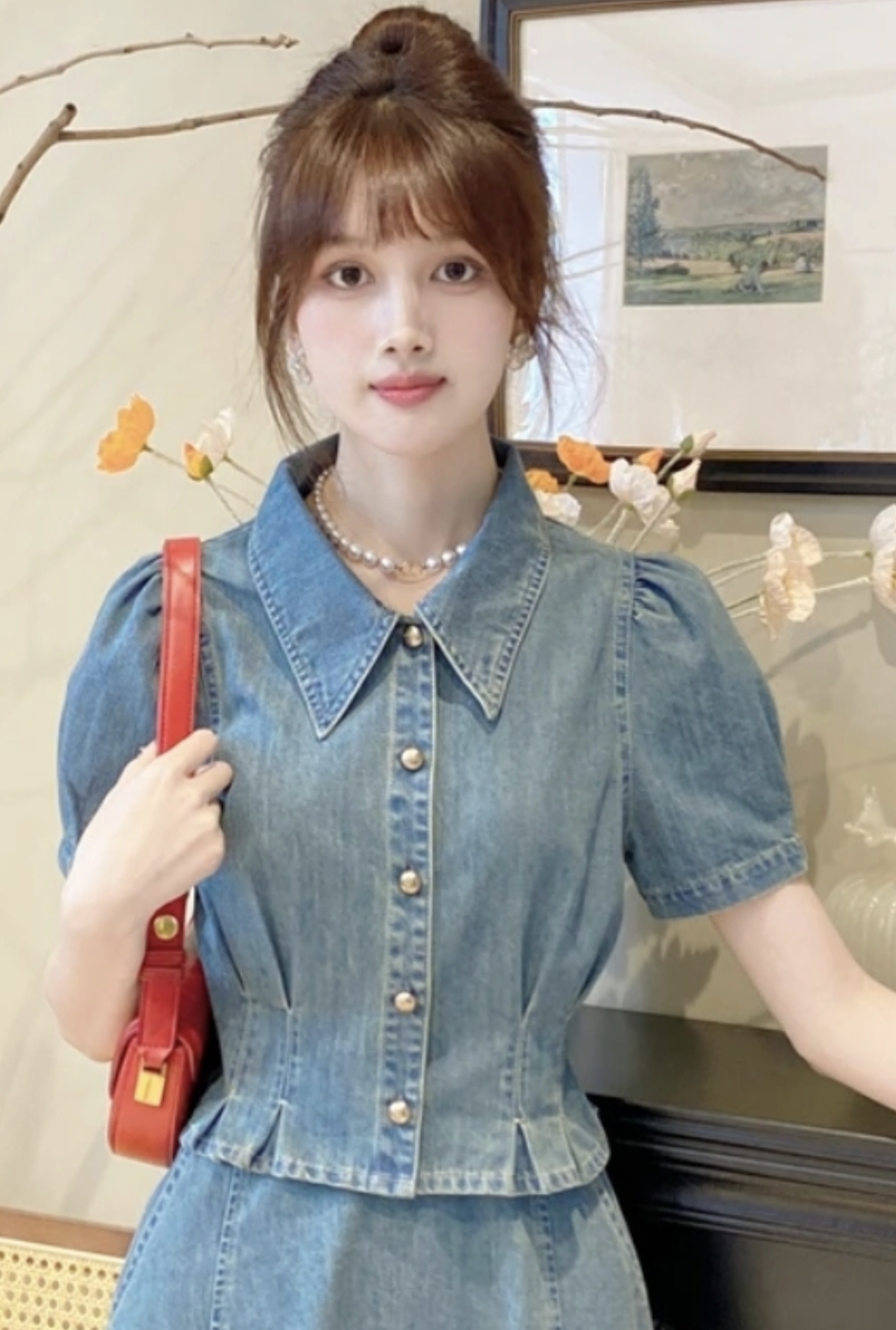 New Elegant Slimming Vintage Denim Short Sleeve Top - Image 3