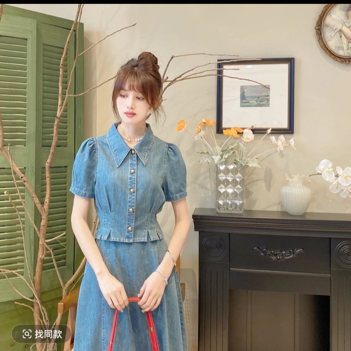 New Elegant Slimming Vintage Denim Short Sleeve Top - Image 5