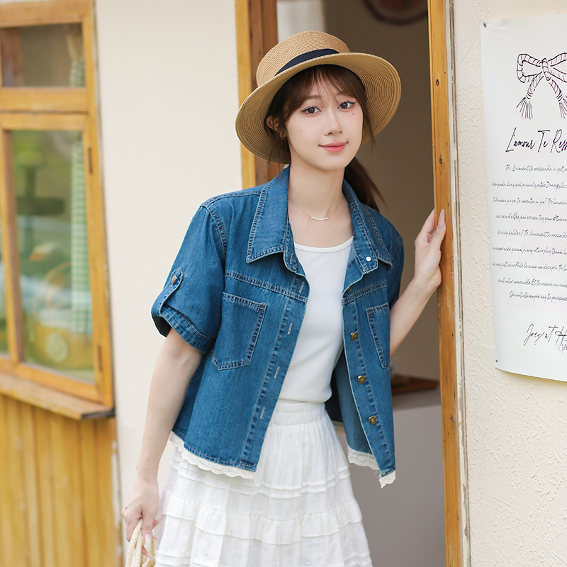 Korean Lace Spliced Denim Short Sleeve Top - Image 2