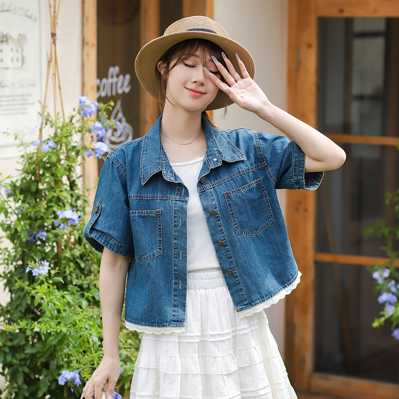 Korean Lace Spliced Denim Short Sleeve Top - Image 3