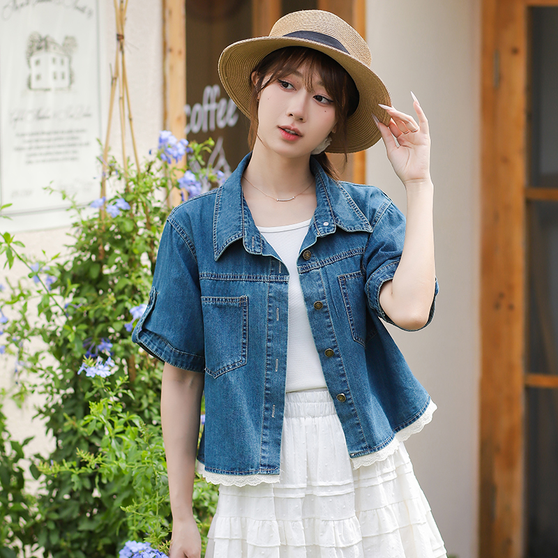 Korean Lace Spliced Denim Short Sleeve Top - Image 4