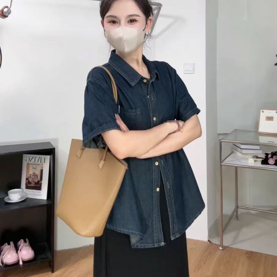 Korean Style Loose Fit Soft Denim Short Sleeve Shirt Top - Image 3