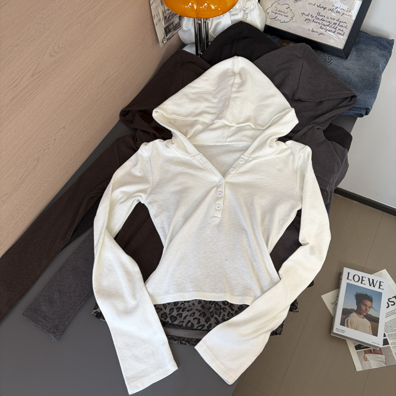 Women's Hooded Long Sleeve T-Shirt Button Placket Leopard Print Faux Two Piece Cotton Top 2026 Fall - Image 4