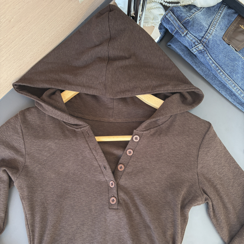 Women's Hooded Long Sleeve T-Shirt Button Placket Leopard Print Faux Two Piece Cotton Top 2026 Fall - Image 2