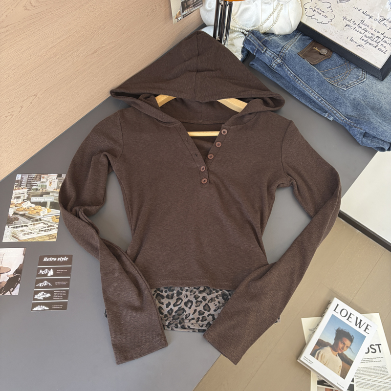Women's Hooded Long Sleeve T-Shirt Button Placket Leopard Print Faux Two Piece Cotton Top 2026 Fall