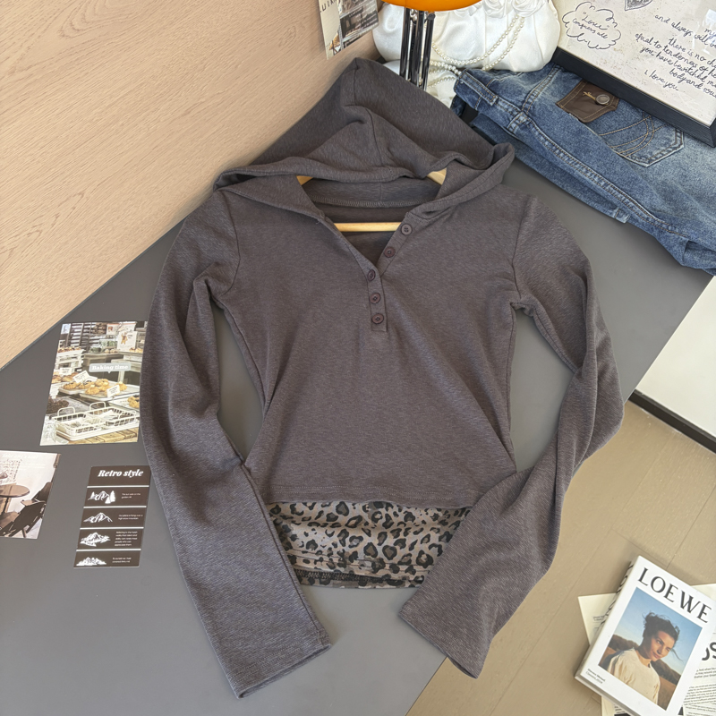 Women's Hooded Long Sleeve T-Shirt Button Placket Leopard Print Faux Two Piece Cotton Top 2026 Fall - Image 5