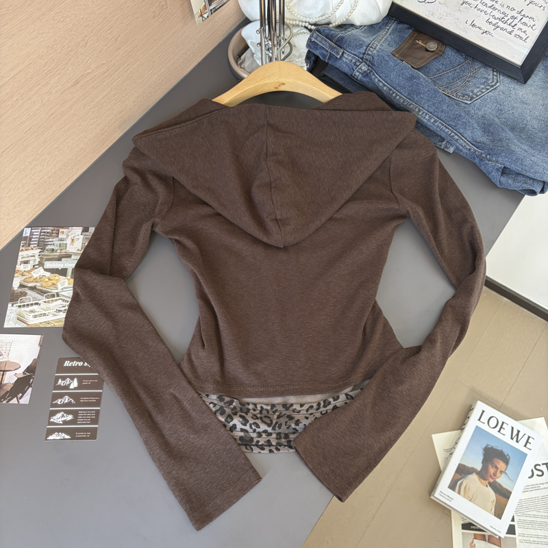 Women's Hooded Long Sleeve T-Shirt Button Placket Leopard Print Faux Two Piece Cotton Top 2026 Fall - Image 3