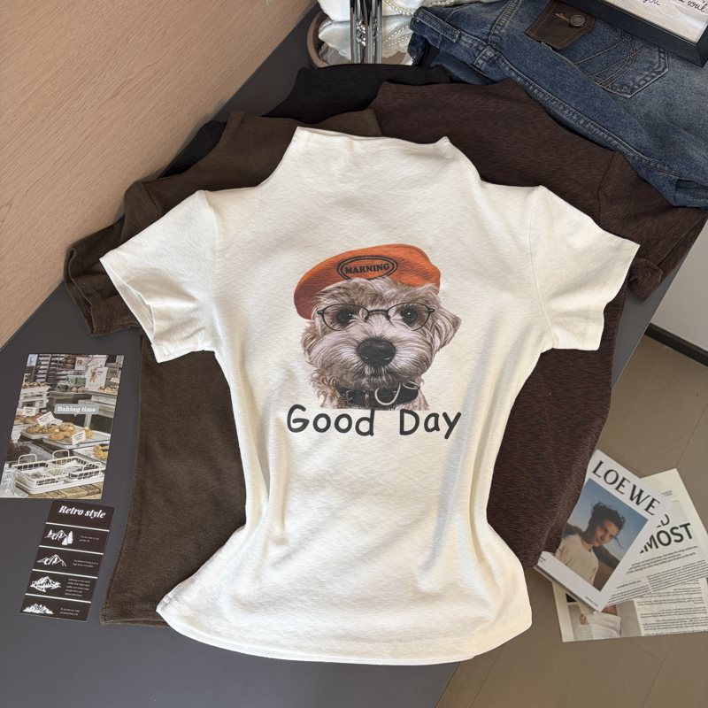 2026 Autumn Korean Puppy Print Half Turtleneck Short Sleeve Slim Fit Women T-Shirt - Style a7db2a