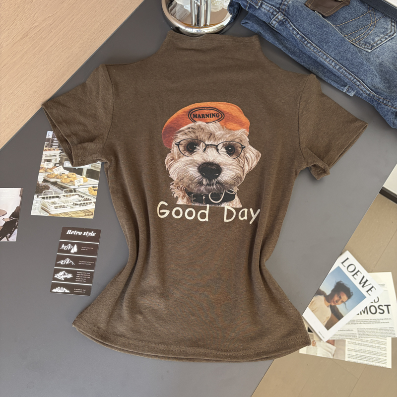 2026 Autumn Korean Puppy Print Half Turtleneck Short Sleeve Slim Fit Women T-Shirt - Style a7db2a - Image 4