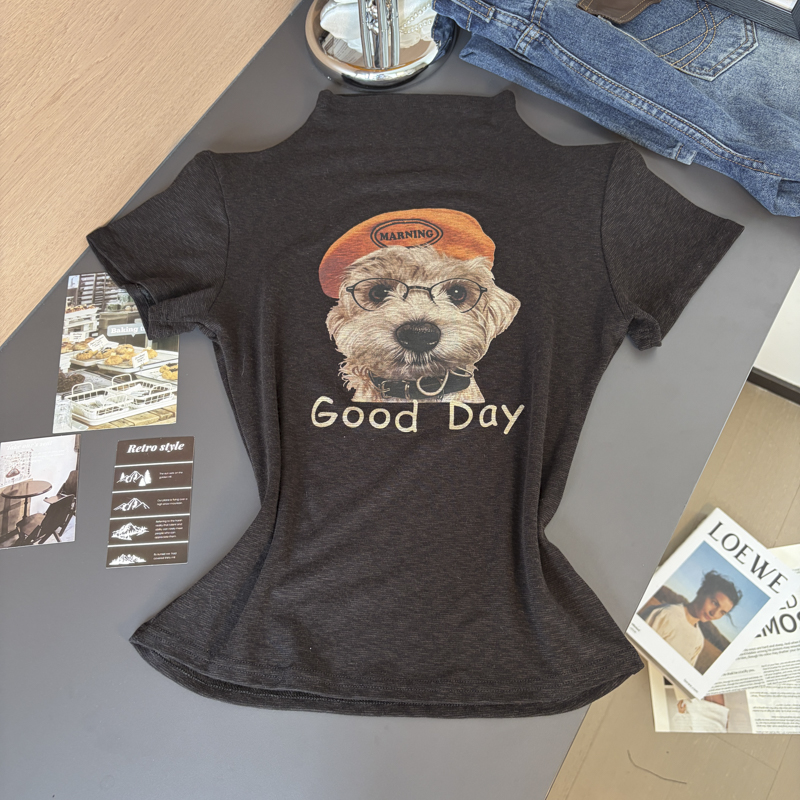 2026 Autumn Korean Puppy Print Half Turtleneck Short Sleeve Slim Fit Women T-Shirt - Style a7db2a - Image 5