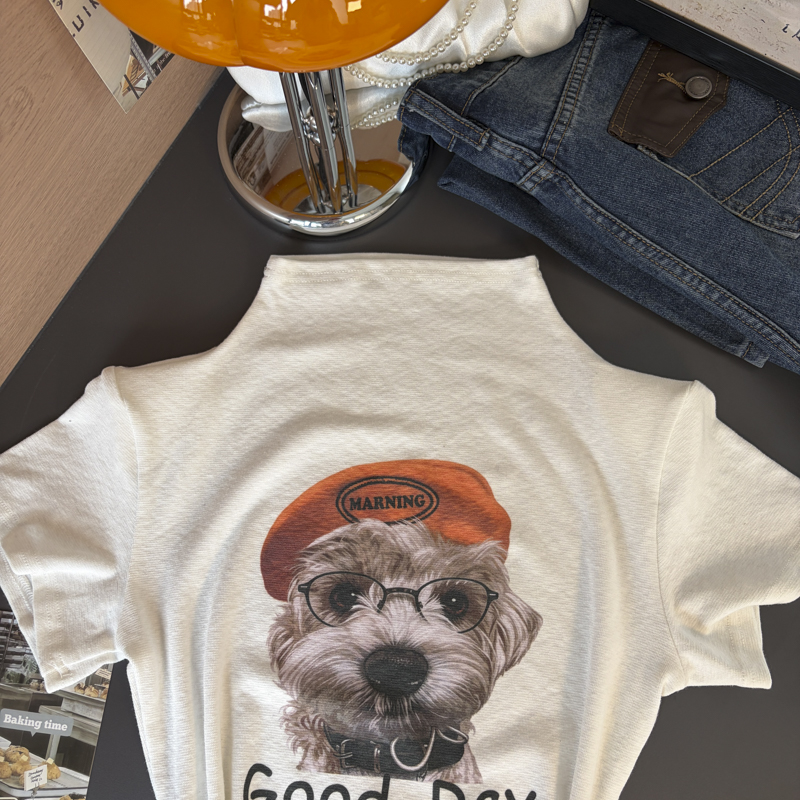 2026 Autumn Korean Puppy Print Half Turtleneck Short Sleeve Slim Fit Women T-Shirt - Style a7db2a - Image 2