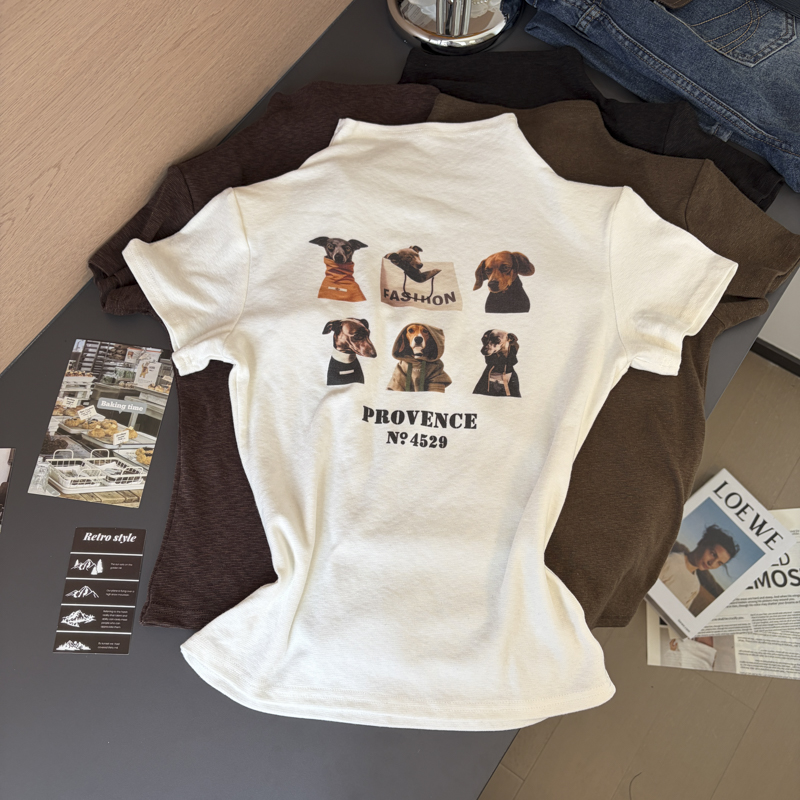 2026 Autumn Korean Puppy Print Half Turtleneck Short Sleeve Slim Fit Women T-Shirt - Style 5df50c