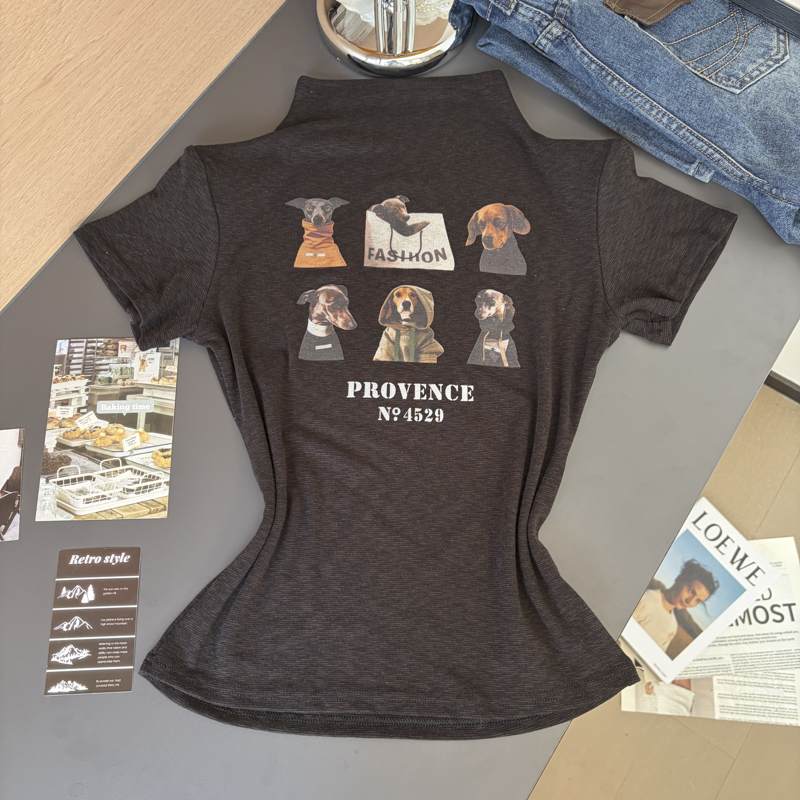 2026 Autumn Korean Puppy Print Half Turtleneck Short Sleeve Slim Fit Women T-Shirt - Style 5df50c - Image 4