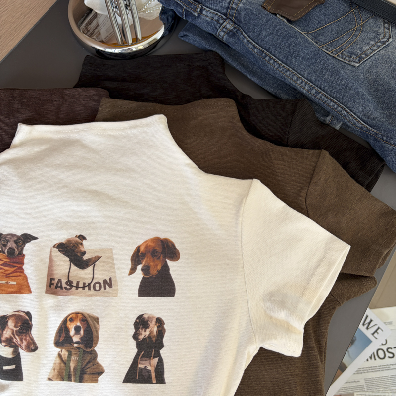 2026 Autumn Korean Puppy Print Half Turtleneck Short Sleeve Slim Fit Women T-Shirt - Style 5df50c - Image 2