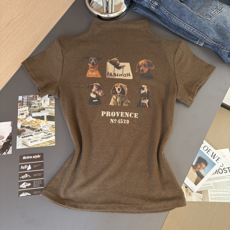 2026 Autumn Korean Puppy Print Half Turtleneck Short Sleeve Slim Fit Women T-Shirt - Style 5df50c - Image 5