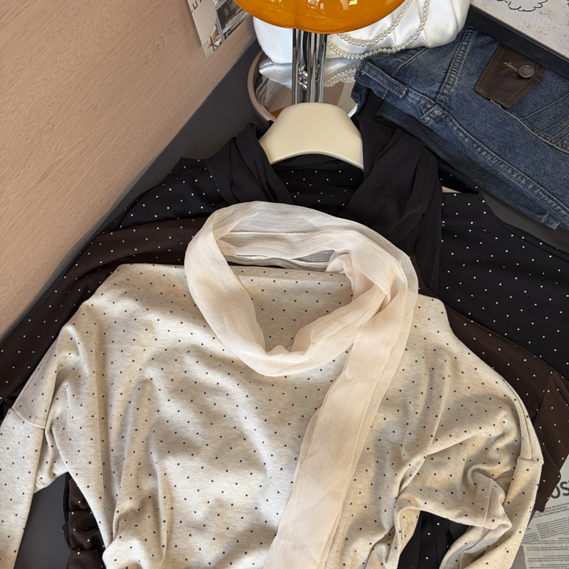 Women's Polka Dot One-Shoulder Long Sleeve T-Shirt with Scarf 2026 Fall - Image 2