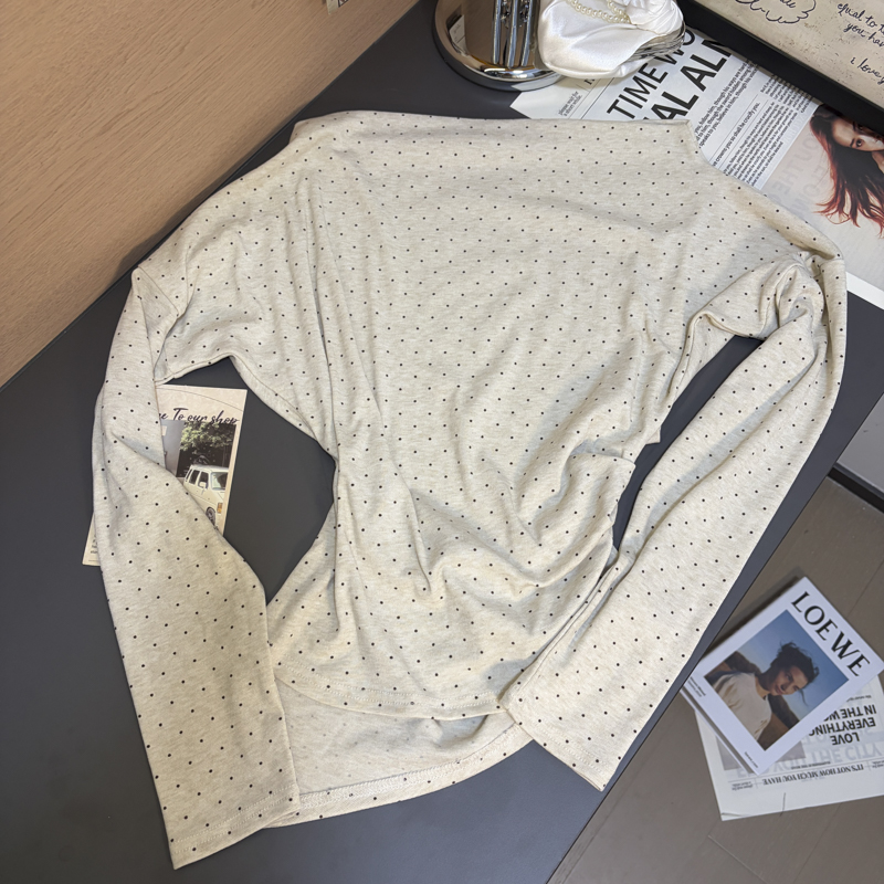 Women's Polka Dot One-Shoulder Long Sleeve T-Shirt with Scarf 2026 Fall - Image 3