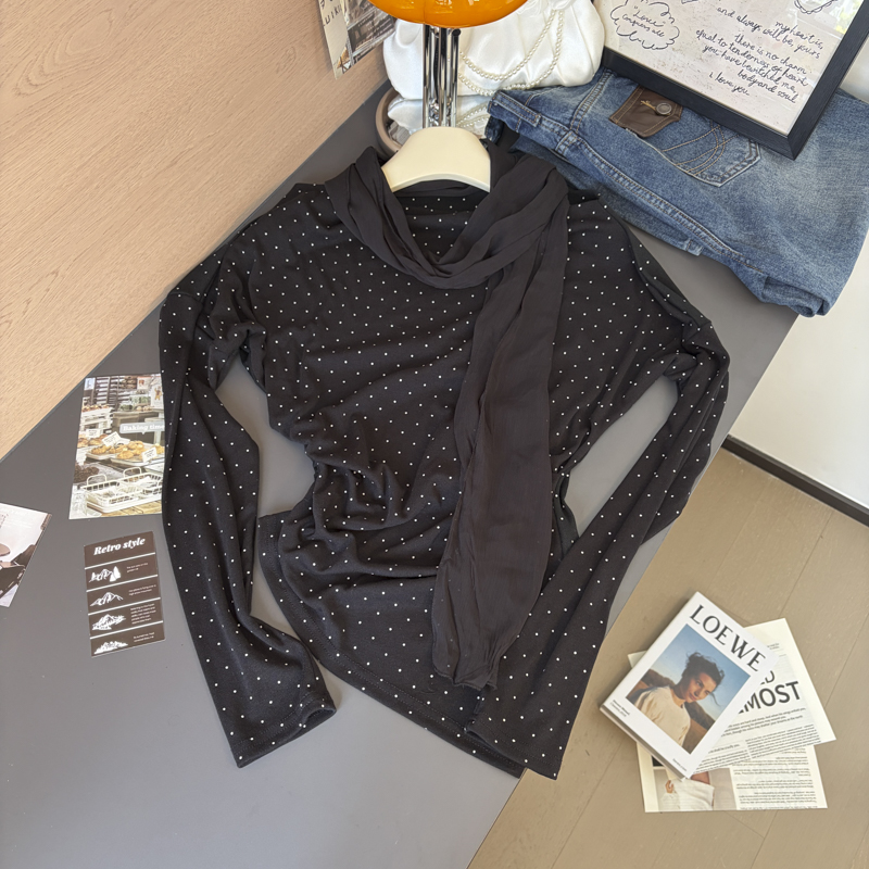 Women's Polka Dot One-Shoulder Long Sleeve T-Shirt with Scarf 2026 Fall - Image 5