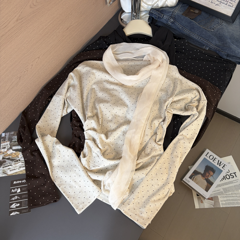 Women's Polka Dot One-Shoulder Long Sleeve T-Shirt with Scarf 2026 Fall